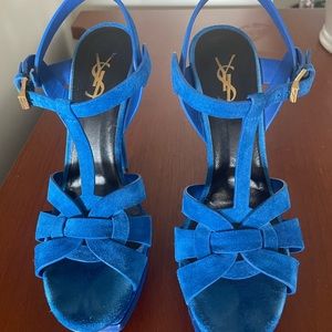 YSL TRINITY Royal blue suede high heel sandals..